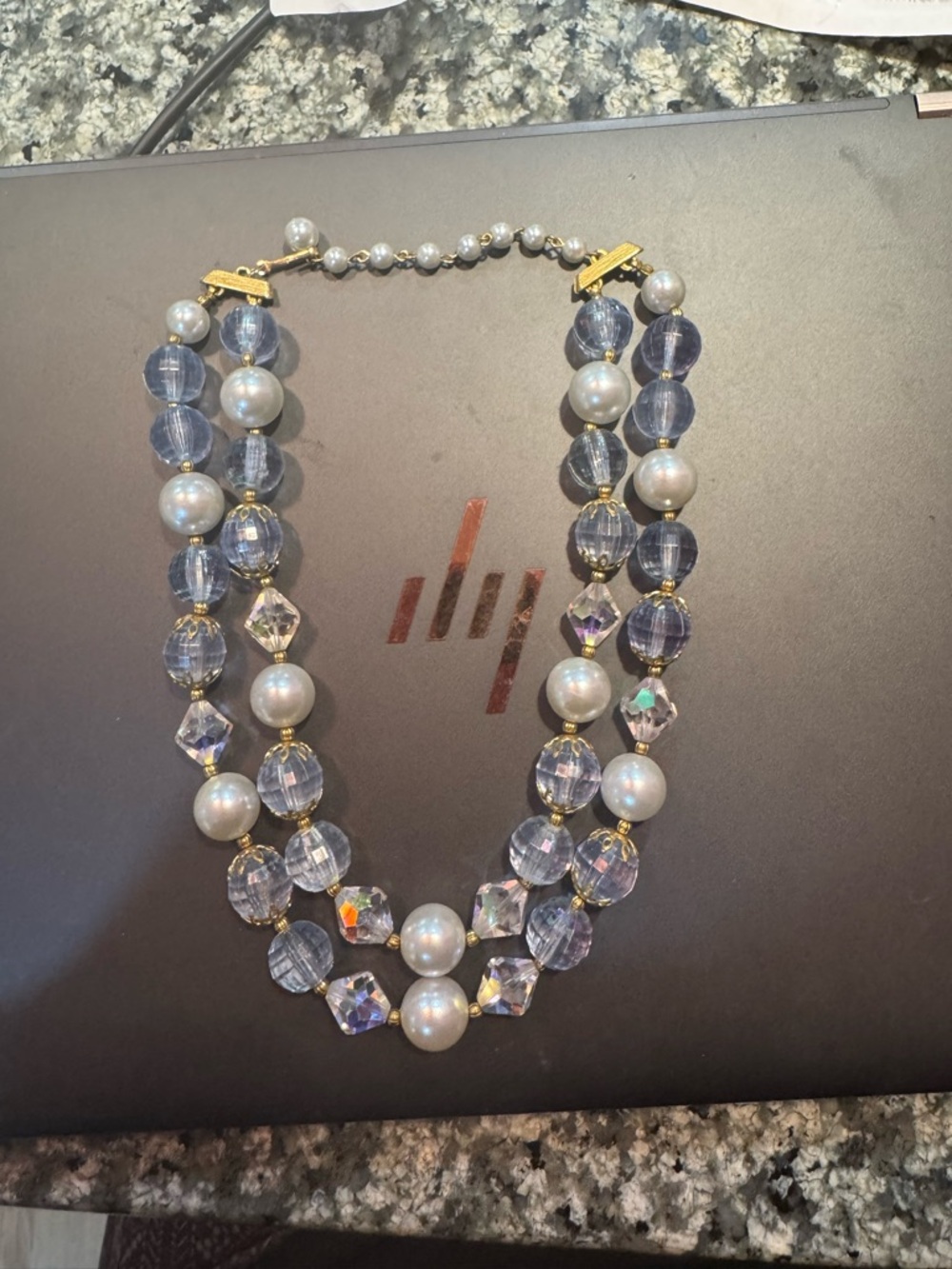 Vintage Lisner Double Strand Pearl and Crystal Necklace - Gold Accents -